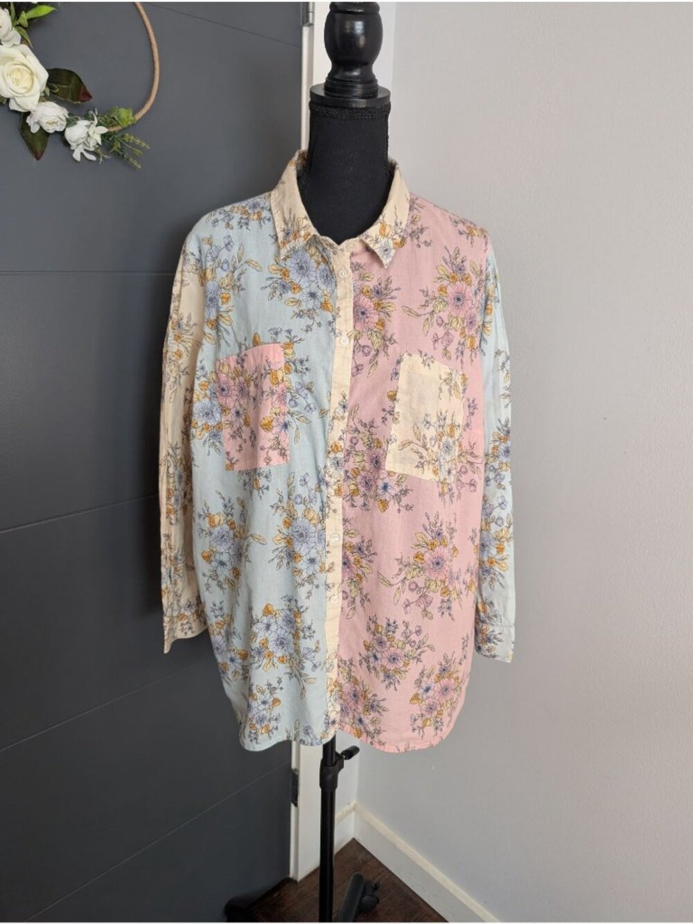 Coldwater Creek Colorblock Floral 100% Cotton Long Sleeve Button-Up Shirt 2X